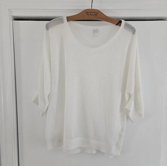 New York & Company SOHO Cream Waffle 3/4 Sleeve Scoop Neck Medium Sweater - Picture 1 of 8